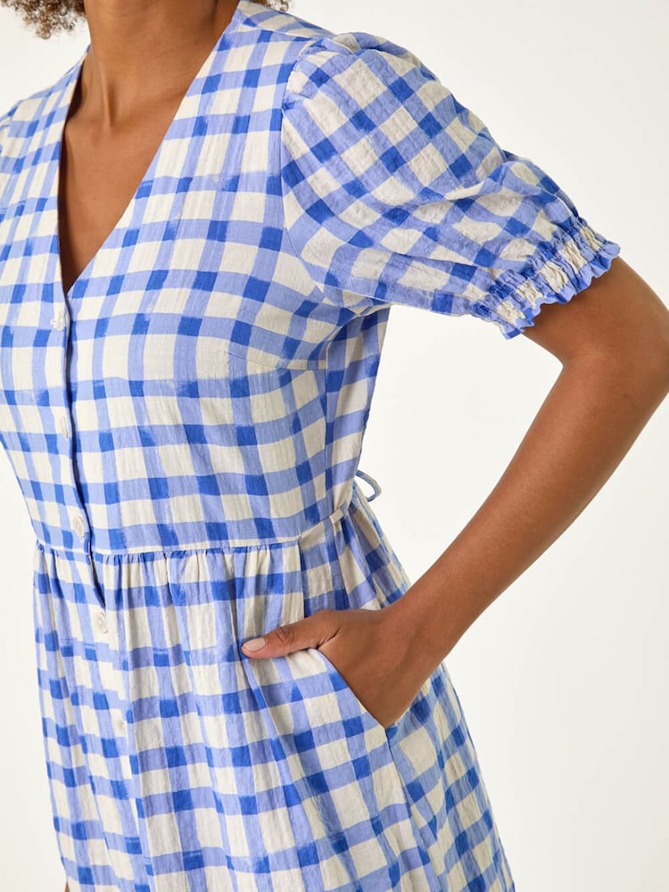 Roman Blue Check Button Midi Dress - Image 5 of 5 Roman Blue Check Button Midi Dress - Image 5 of 5