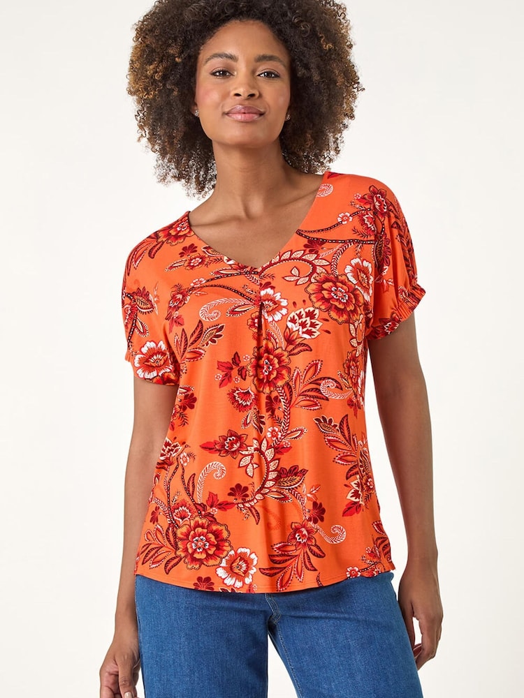 Roman Orange Floral Print Pleat Front Top - Image 1 of 5