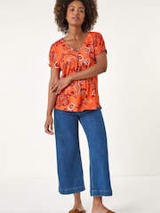 Roman Orange Floral Print Pleat Front Top - Image 2 of 5
