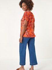 Roman Orange Floral Print Pleat Front Top - Image 3 of 5
