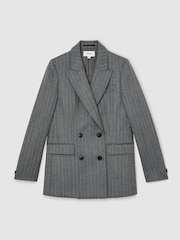 Reiss Grey Astrid Petite Wool Double-Breasted Pinstripe Blazer - Image 2 of 8