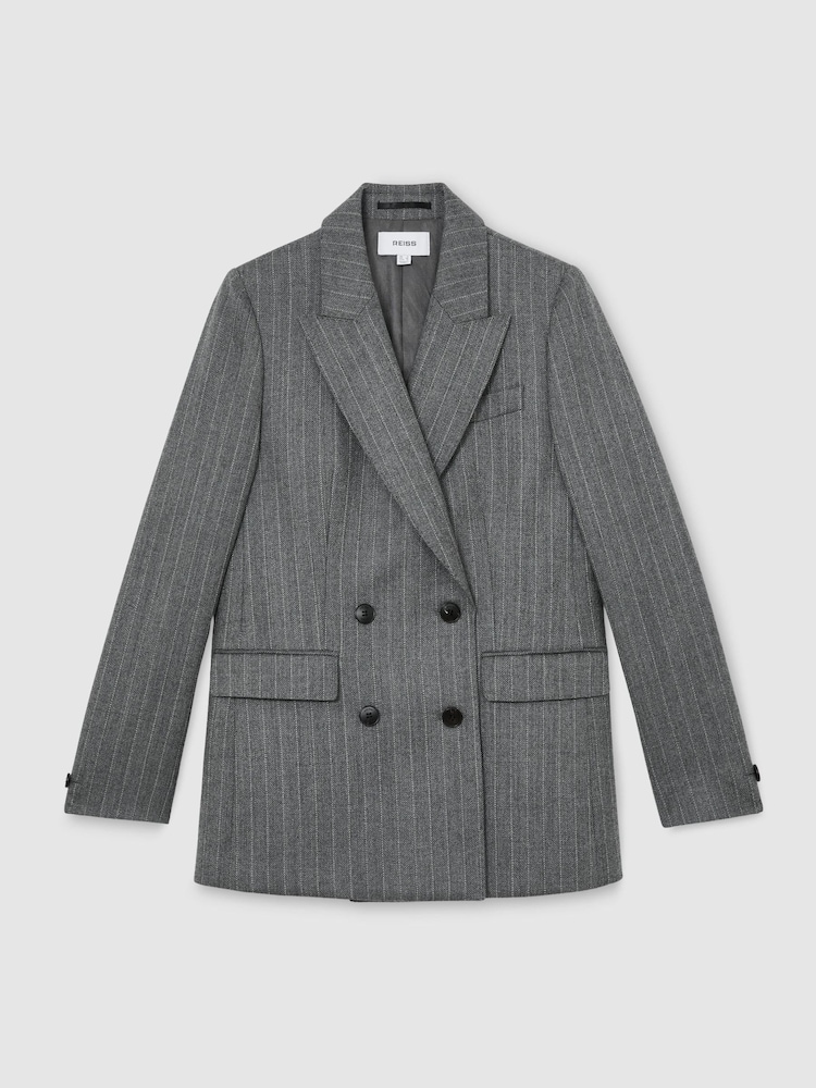 Reiss Grey Astrid Petite Wool Double-Breasted Pinstripe Blazer - Image 2 of 8 Reiss Grey Astrid Petite Wool Double-Breasted Pinstripe Blazer - Image 2 of 8
