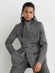 Reiss Grey Astrid Petite Wool Double-Breasted Pinstripe Blazer - Image 4 of 8