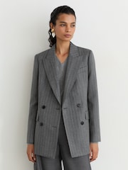 Reiss Grey Astrid Petite Wool Double-Breasted Pinstripe Blazer - Image 5 of 8