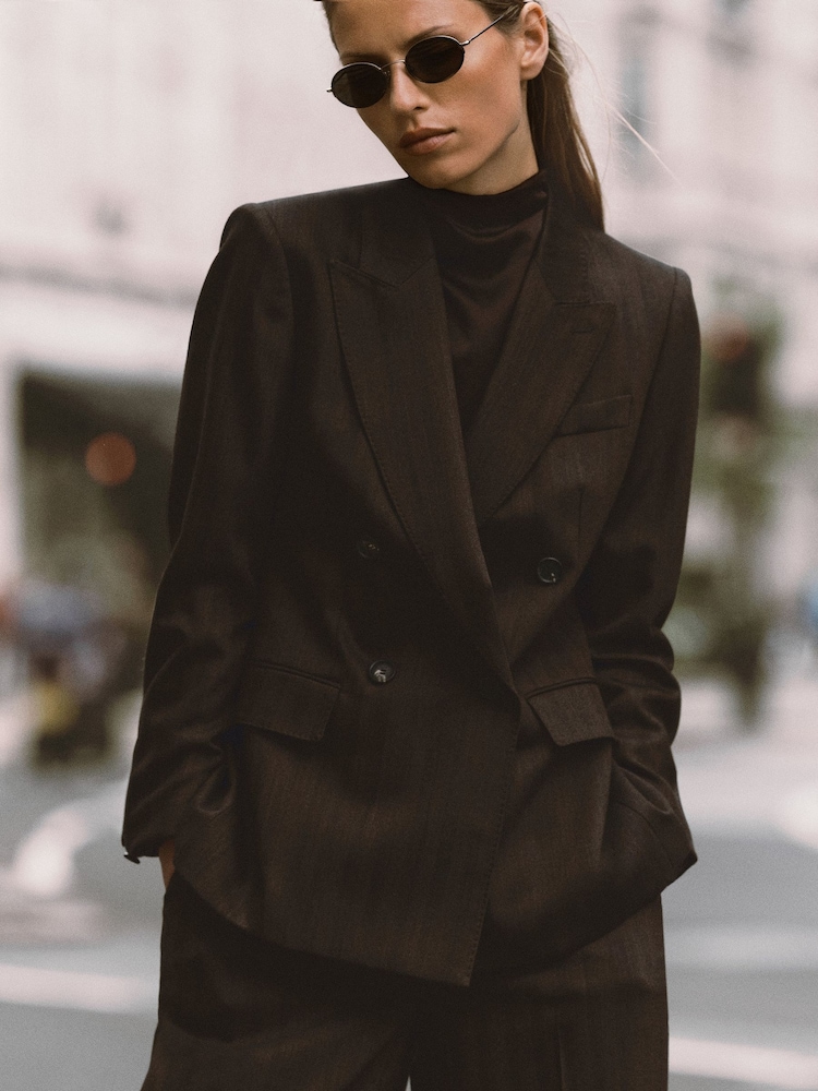 Reiss Chocolate Brown Dawson Wool-Blend Herringbone Double-Breasted Blazer - Image 1 of 10 Reiss Chocolate Brown Dawson Wool-Blend Herringbone Double-Breasted Blazer - Image 1 of 10