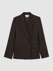 Reiss Chocolate Brown Dawson Wool-Blend Herringbone Double-Breasted Blazer - Image 2 of 10