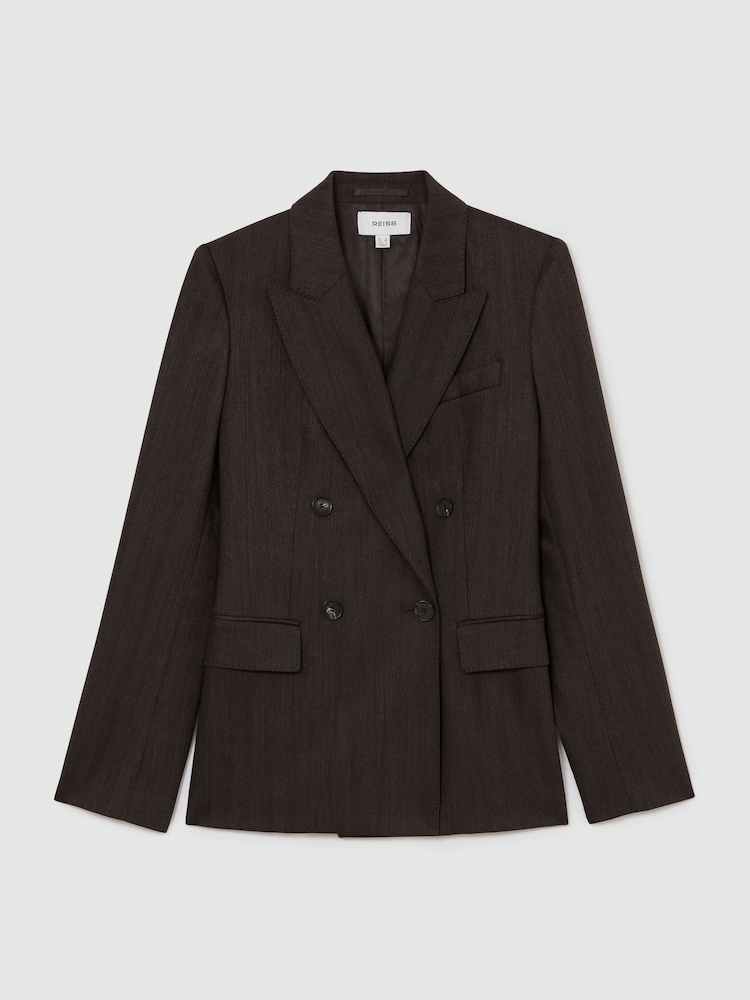 Reiss Chocolate Brown Dawson Wool-Blend Herringbone Double-Breasted Blazer - Image 2 of 10 Reiss Chocolate Brown Dawson Wool-Blend Herringbone Double-Breasted Blazer - Image 2 of 10