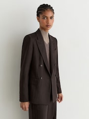 Reiss Chocolate Brown Dawson Wool-Blend Herringbone Double-Breasted Blazer - Image 6 of 10