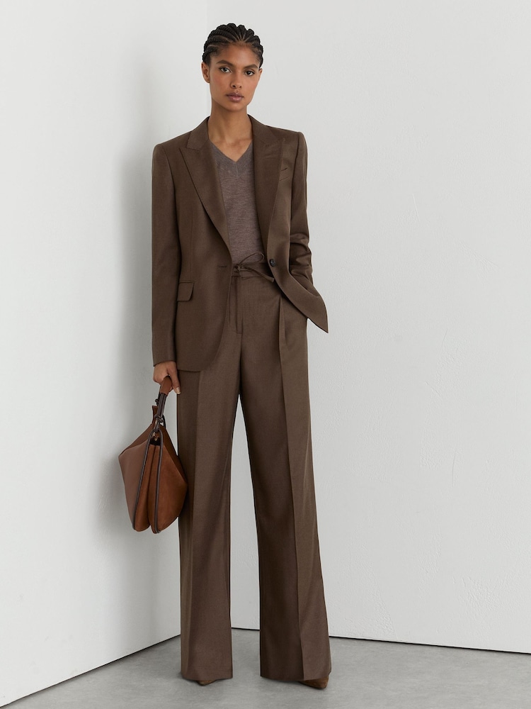 Brązowy Mocha - Reiss Derby Wool-Blend Wide-Leg Drawstring Trousers - Obraz 1 z 8