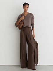 Brązowy Mocha - Reiss Derby Wool-Blend Wide-Leg Drawstring Trousers - Obraz 3 z 8