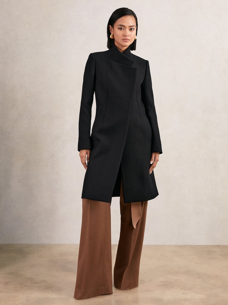 Reiss Black Max Tall Wool-Blend Wrapover Mid-Length Coat - Image 1 of 7 Reiss Black Max Tall Wool-Blend Wrapover Mid-Length Coat - Image 1 of 7