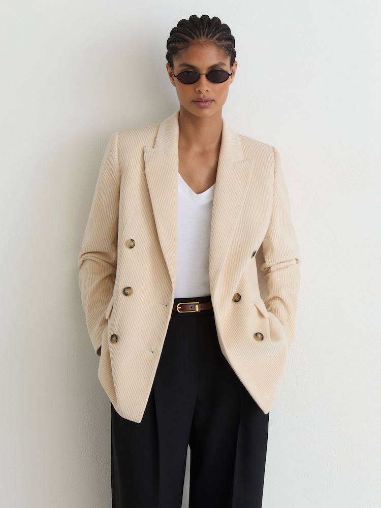 Reiss Cream Sadie Petite Cotton Corduroy Double-Breasted Blazer - Image 1 of 8 Reiss Cream Sadie Petite Cotton Corduroy Double-Breasted Blazer - Image 1 of 8