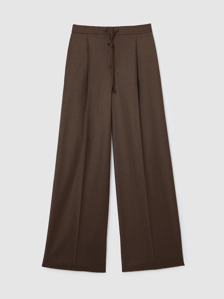 Reiss Mocha Brown Derby Wool-Blend Wide-Leg Drawstring Trousers - Image 2 of 7 Reiss Mocha Brown Derby Wool-Blend Wide-Leg Drawstring Trousers - Image 2 of 7