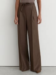Reiss Mocha Brown Derby Wool-Blend Wide-Leg Drawstring Trousers - Image 3 of 7