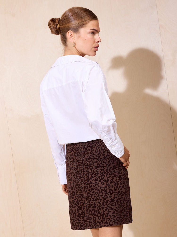 Friends Like These Chocolate Brown Flocked Leopard Print Denim Mini Skirt - Image 5 of 5
