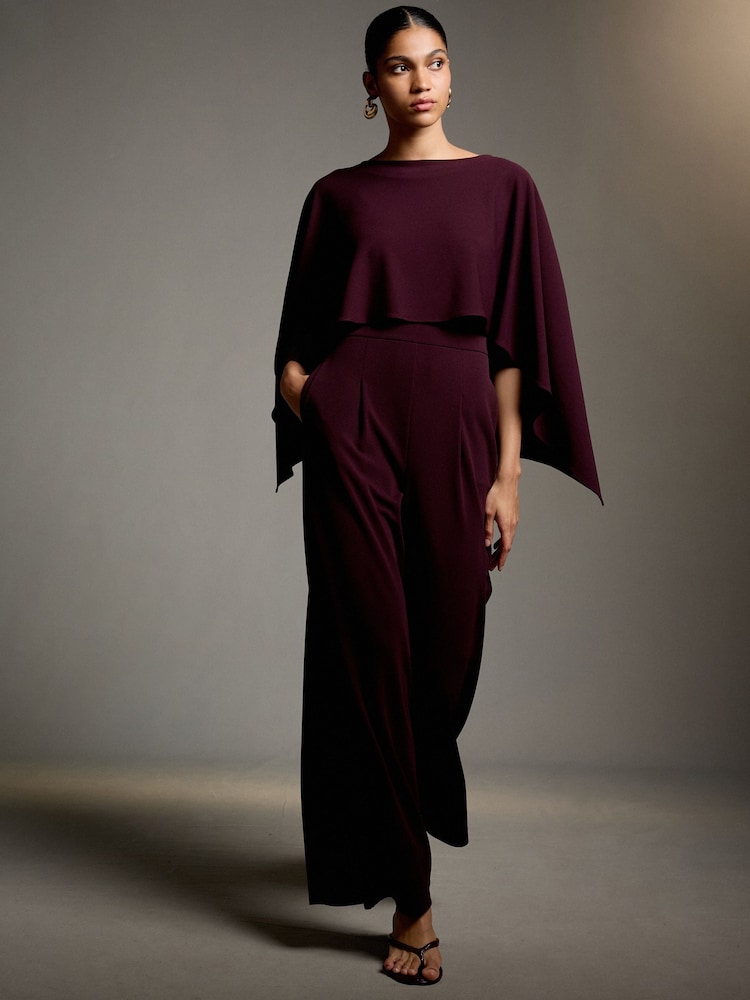 Burgundy Red Occasion Cape Jersey Jumpsuit - Image 1 of 5