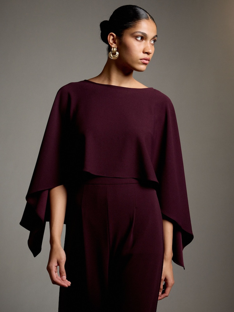 Burgundy Red Occasion Cape Jersey Jumpsuit - Image 2 of 5