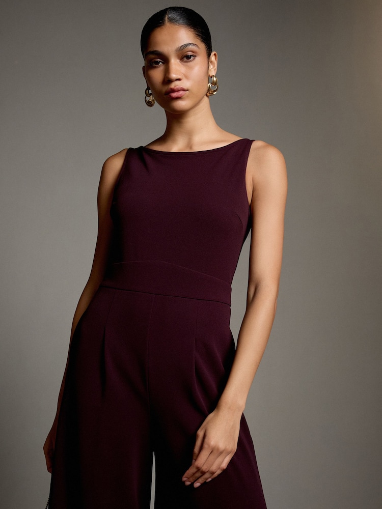 Burgundy Red Occasion Cape Jersey Jumpsuit - Image 5 of 5