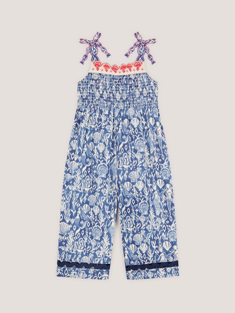 Monsoon Blue Mermaid Print Smocked Culotte Jumpsuit - Image 1 of 3