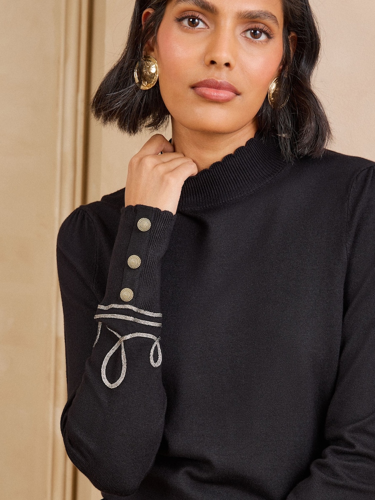Love & Roses Black High Neck Frogging Detail Knitted Top - Image 2 of 5