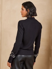 Love & Roses Black High Neck Frogging Detail Knitted Top - Image 4 of 5