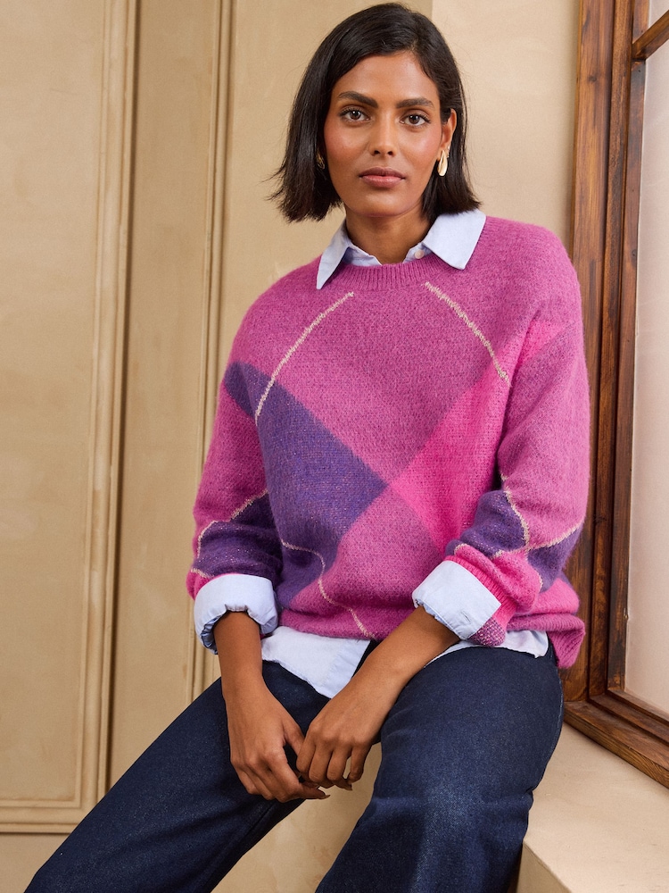 Love & Roses Purple Argyle Cosy Crew Neck Knitted Jumper - Image 2 of 5