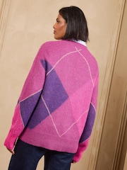 Love & Roses Purple Argyle Cosy Crew Neck Knitted Jumper - Image 5 of 5