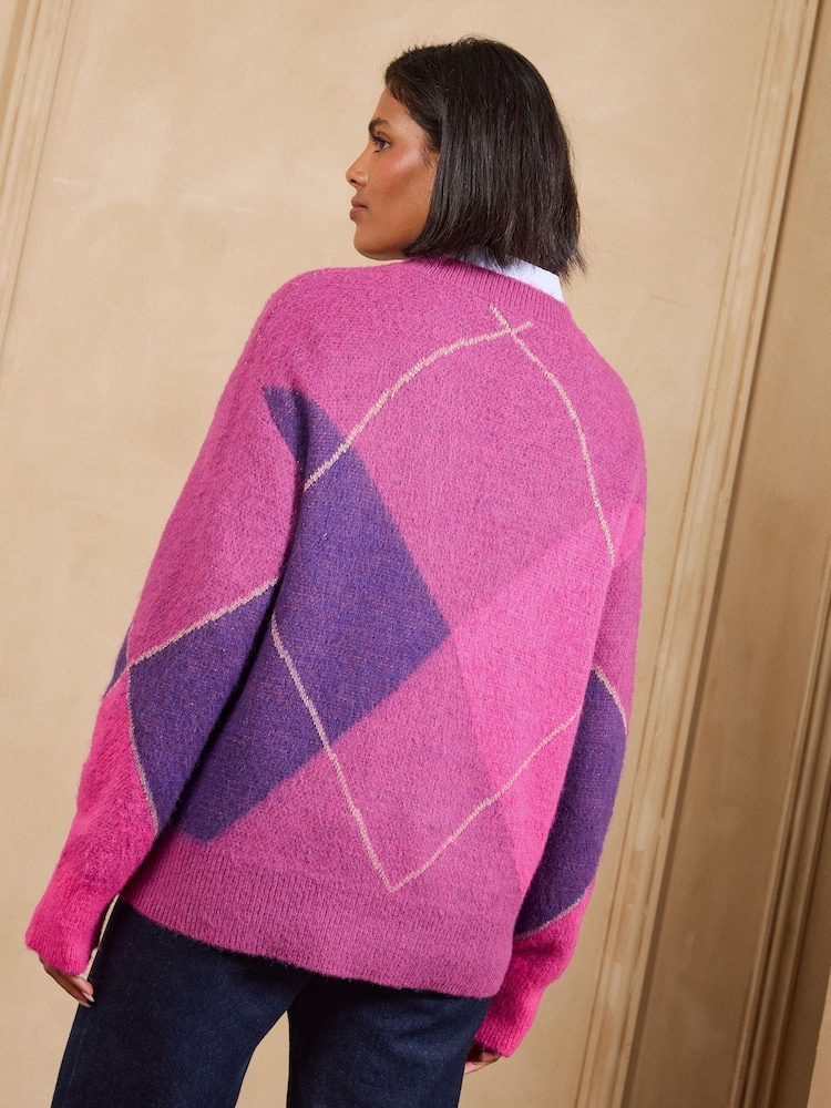 Love & Roses Purple Argyle Cosy Crew Neck Knitted Jumper - Image 5 of 5