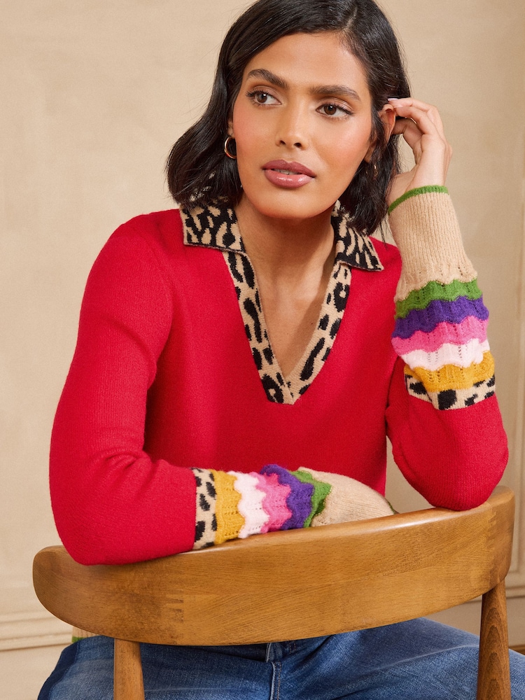 Red Leopard Print - Love & Roses Knitted Collared Jumper - Larawan 2 ng 5