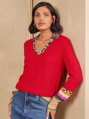 Red Leopard Print - Love & Roses Knitted Collared Jumper - Larawan 4 ng 5