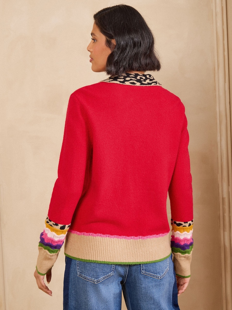 Red Leopard Print - Love & Roses Knitted Collared Jumper - Larawan 5 ng 5