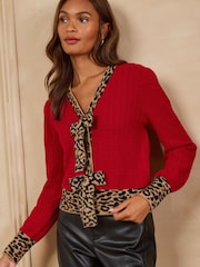 Love & Roses Red Petite Leopard Bow V-Neck Knitted Cardigan - Image 1 of 5