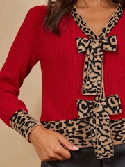 Love & Roses Red Petite Leopard Bow V-Neck Knitted Cardigan - Image 2 of 5