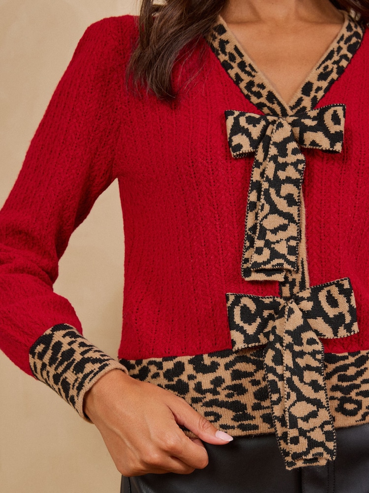 Love & Roses Red Petite Leopard Bow V-Neck Knitted Cardigan - Image 2 of 5