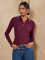 Love & Roses Burgundy Red Collar Detail Long Sleeve Knitted Top - Image 1 of 4