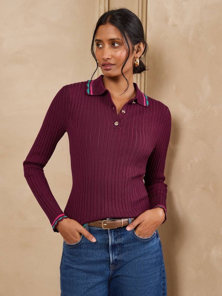 Love & Roses Burgundy Red Collar Detail Long Sleeve Knitted Top - Image 1 of 4