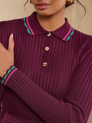Love & Roses Burgundy Red Collar Detail Long Sleeve Knitted Top - Image 2 of 4