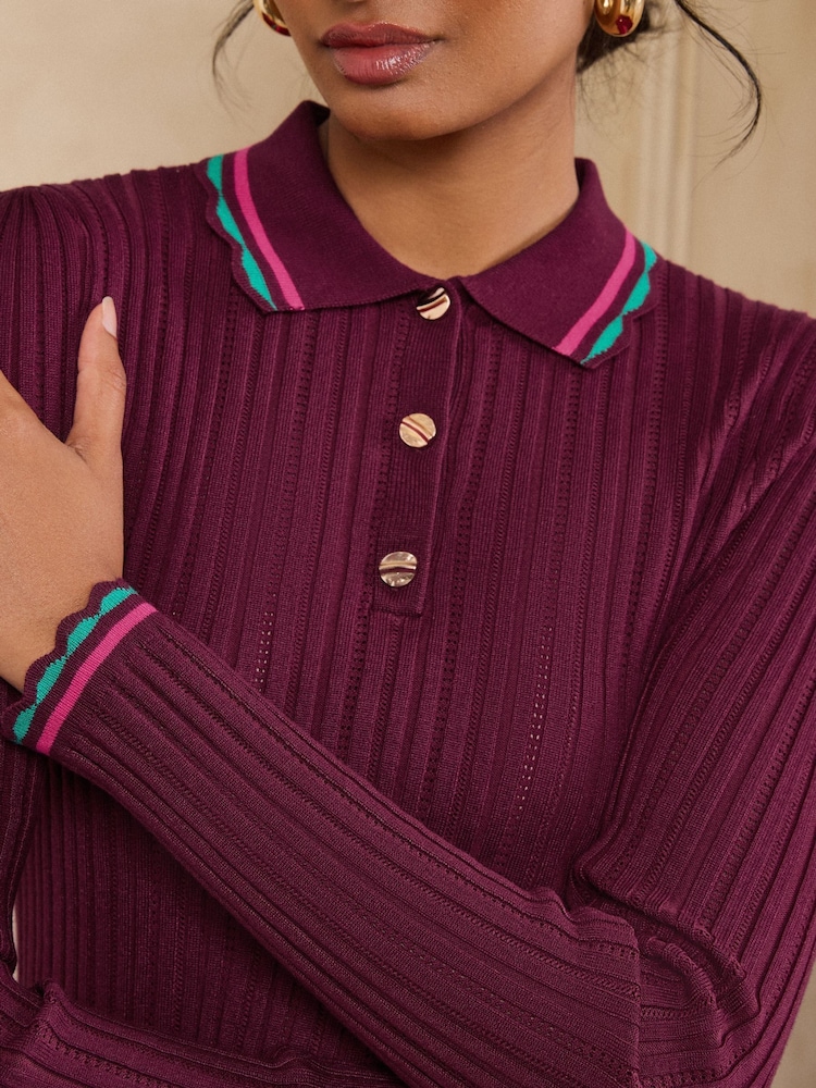 Love & Roses Burgundy Red Collar Detail Long Sleeve Knitted Top - Image 2 of 4