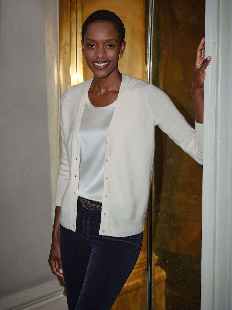 Pure Collection White Cashmere V Neck Cardigan - Image 1 of 2