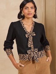 Love & Roses Black Leopard Bow V-Neck Knitted Cardigan - Image 1 of 4