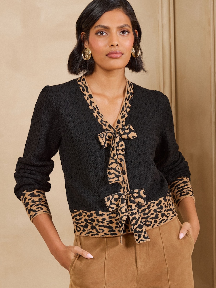 Love & Roses Black Leopard Bow V-Neck Knitted Cardigan - Image 1 of 4