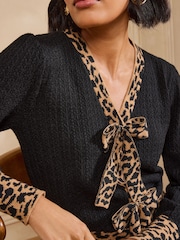 Love & Roses Black Leopard Bow V-Neck Knitted Cardigan - Image 2 of 4