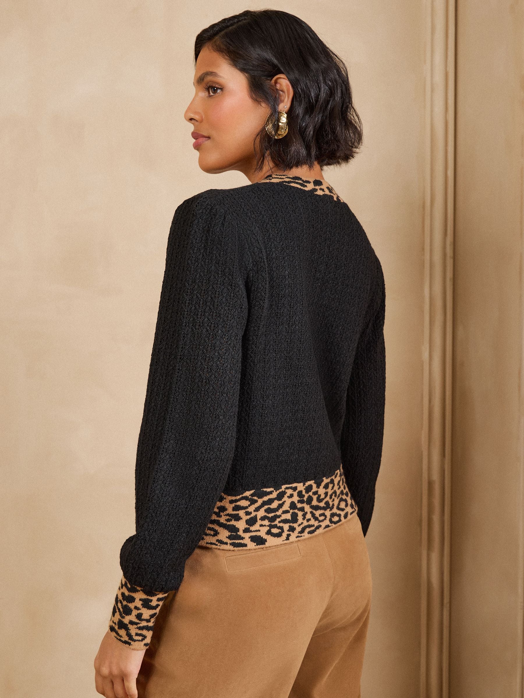 Buy Love & Roses Black Leopard Bow V-Neck Knitted Cardigan from