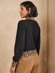 Love & Roses Black Leopard Bow V-Neck Knitted Cardigan - Image 3 of 4