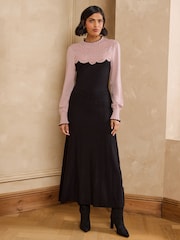 Love & Roses Black Pink Lace Detail High Neck Knitted Midi Dress - Image 1 of 4