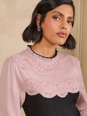 Love & Roses Black Pink Lace Detail High Neck Knitted Midi Dress - Image 2 of 4