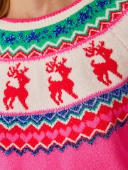 Love & Roses Pink Fairisle Reindeer Detail Crew Neck Cosy Knitted Christmas Jumper - Image 2 of 4