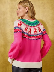Love & Roses Pink Fairisle Reindeer Detail Crew Neck Cosy Knitted Christmas Jumper - Image 4 of 4