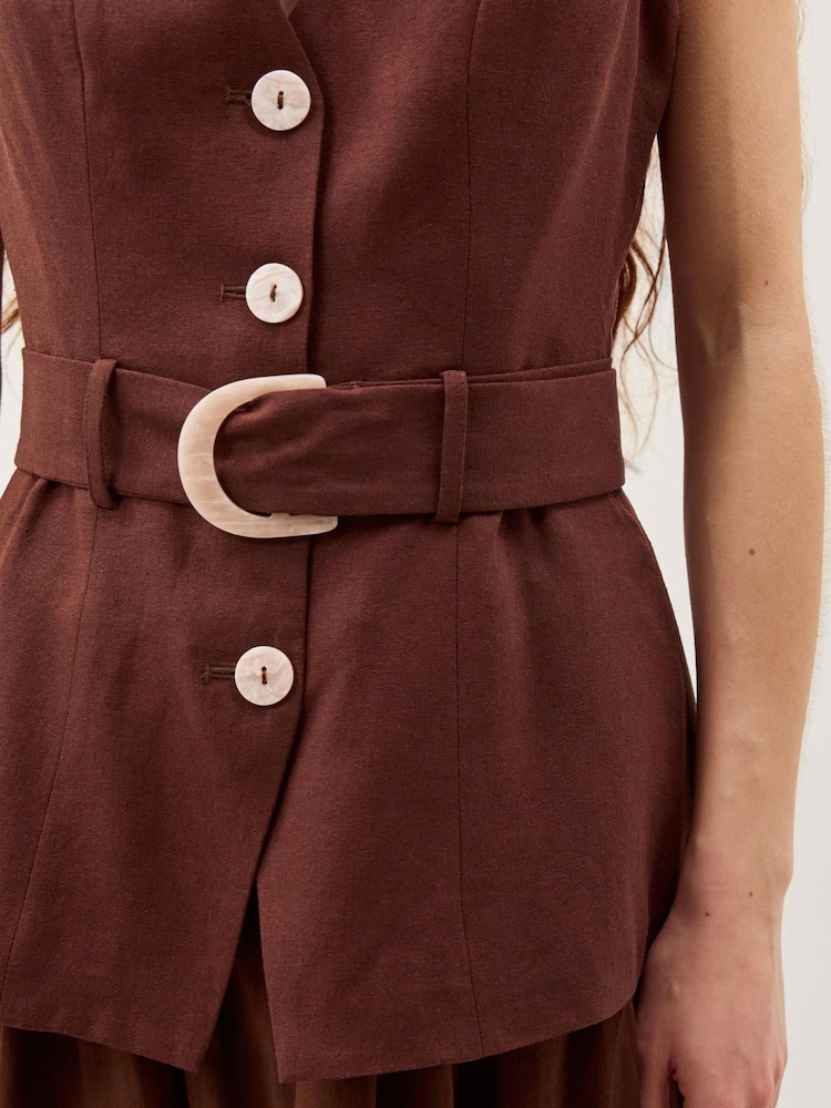 Monsoon Brown Margot Belted Linen Blend Midi Dress - Image 2 of 6