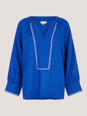 Monsoon Blue Frida V-Neck Linen Blouse - Image 6 of 6